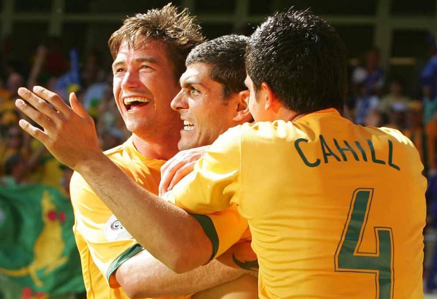 John Aloisi celebrates with Harry Kewell and Tim Cahill after scoring Australia’s third goal against Japan, FIFA World Cup, Germany, 2006. Canon EOS 1D Mk II, 70-200mm f/2.8 lens @ 70mm, 1/500s @ f4.5, ISO 160.