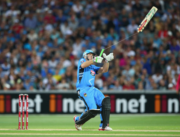 Craig Simmons of the Strikers breaks his bat during the Big Bash semi final between Adelaide and the Sydney Sixers, Adelaide Oval, 2015. Canon EOS 1DX, 600mm f/4 lens. 1/1000s @ f4, ISO 2500.