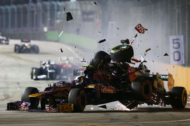 Michael Schumacher crashes into the back of Jean-Eric Vergne at the Singapore Formula One Grand Prix in 2012. Canon EOS 1DX, 400mm f/2.8 lens, 1/640s @ f5, ISO 2500.
(All images Rob Cianflone, Getty Images.)