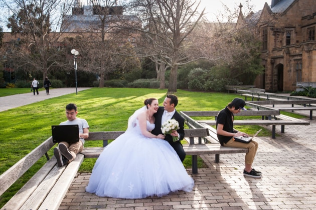 This couple were University of Melbourne alumni and so we made the formal photos on the campus grounds. On seeing these two students working on their laptops I asked if they’d mind if I plonked the wedding couple into the middle of the scene and I went on to make this image. Nikon D3, 24-70mm f/2.8 lens @ 32mm. 1/250s @ f8, ISO 400.